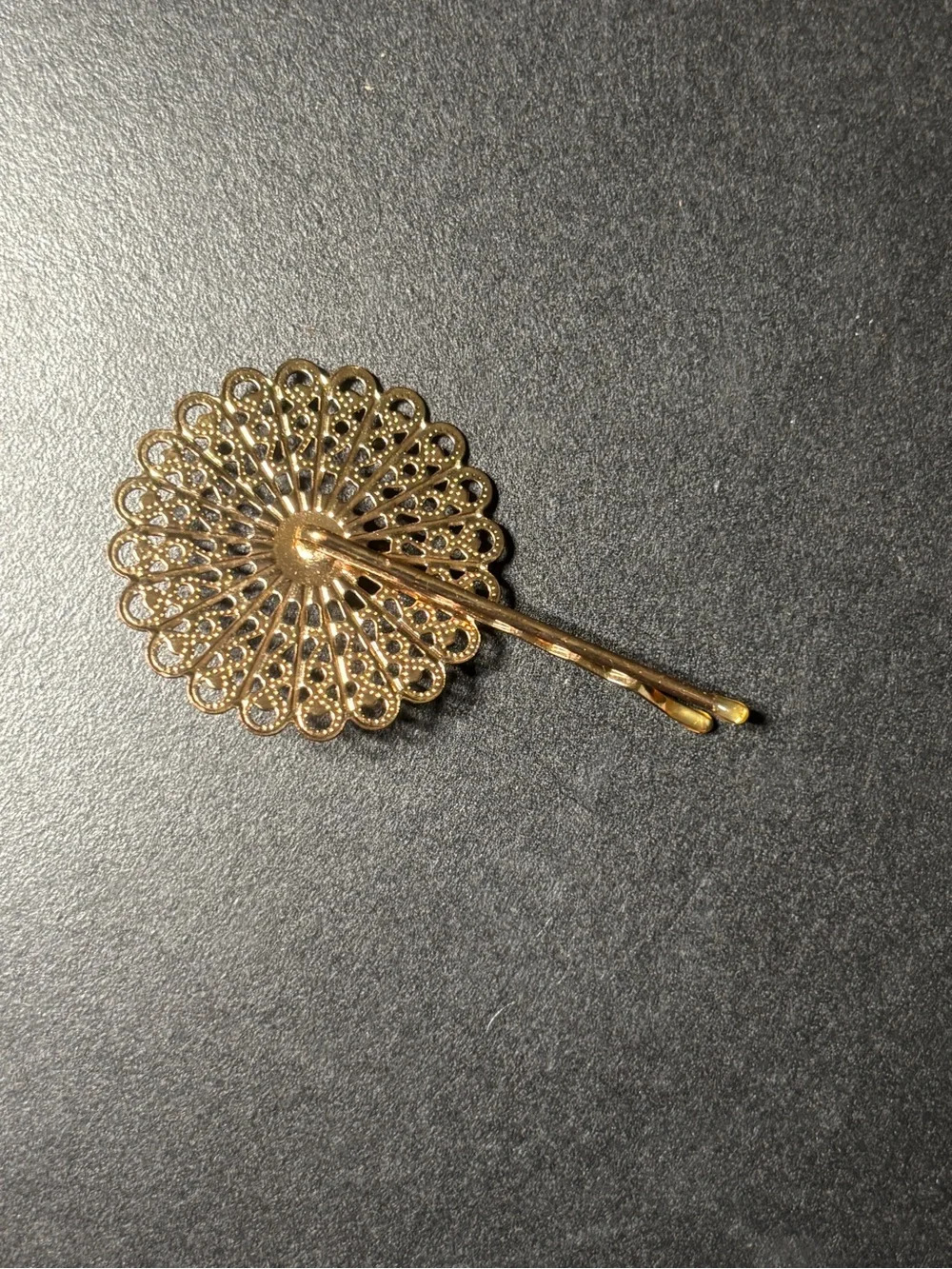 Unique Vintage Gold Filigree Floral Hair Pin with Rhinestone Center